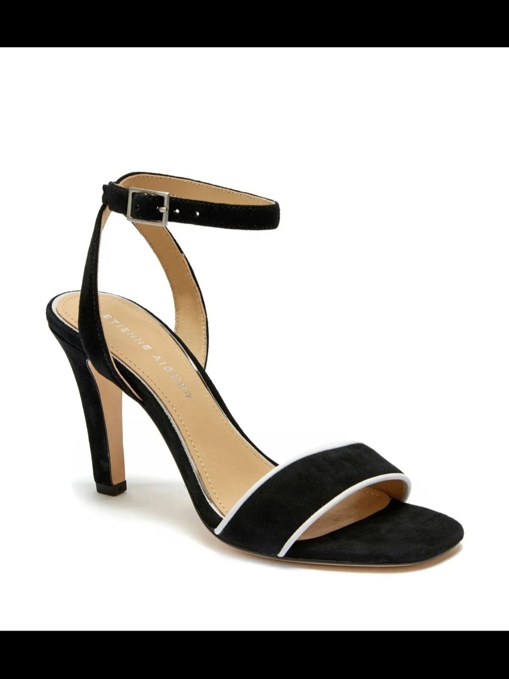 Etienne Aigner Black Suede Ankle-Strap Sandal with White Trim